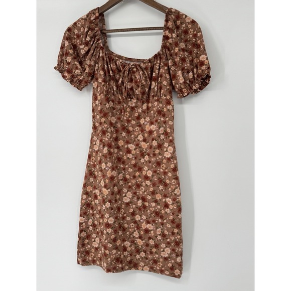 Boho Floral Milkmaid Mini Dress Small Short Sleeve Fall Stretch Bodycon Babydoll - Picture 2 of 10